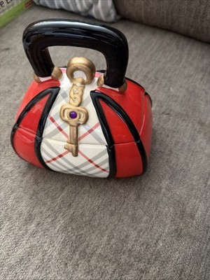 David's Cookies Ceramic Cookie Jar- Red Black White  Purse -EUC