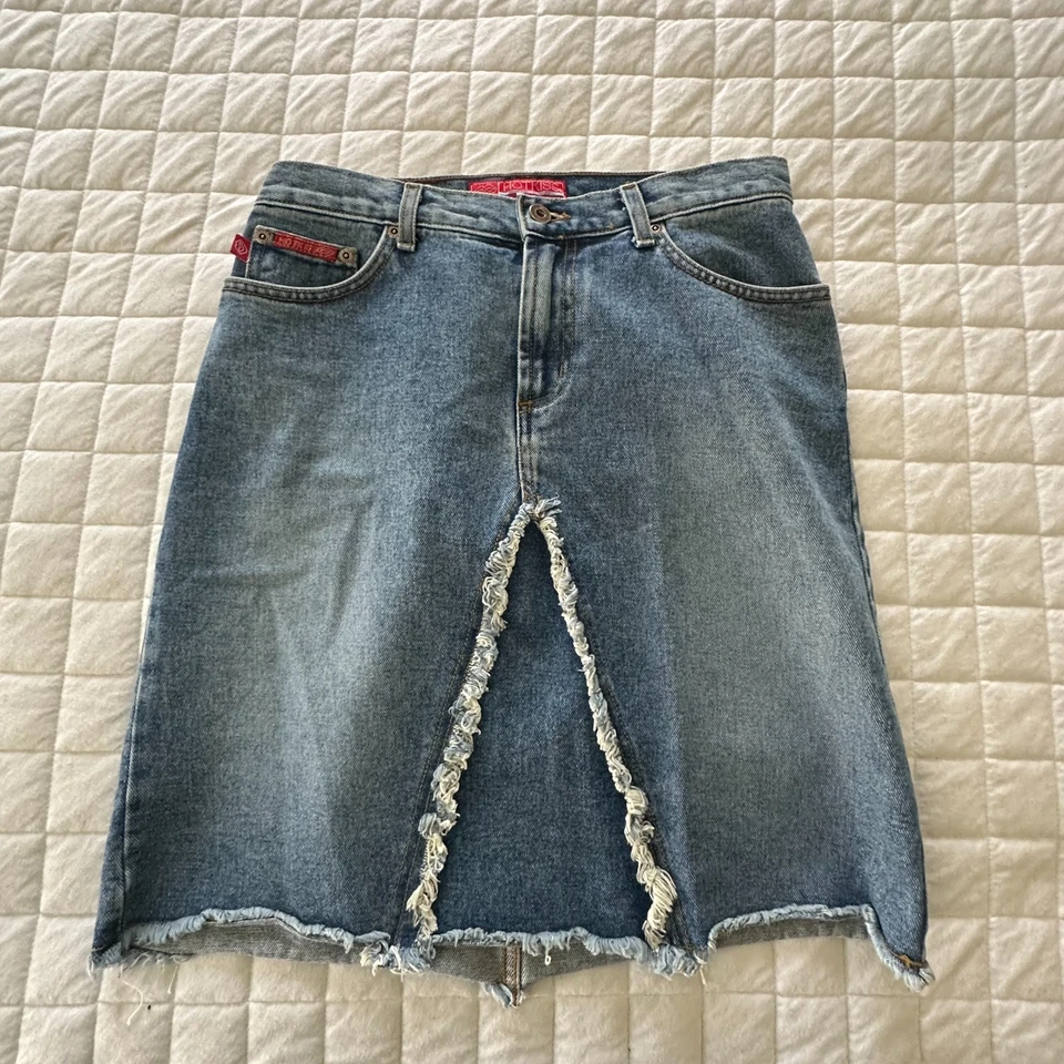 Vintage HOT KISS Skirt Womens 9 Blue Denim Fringe Trim Retro Y2K Boho Grunge - Image 2 of 4