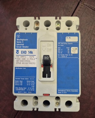 Westinghouse Ehd3050L Circuit Breaker 480 Vac 50A 3 Phase 3 Pole EHD 14K 50 Amp