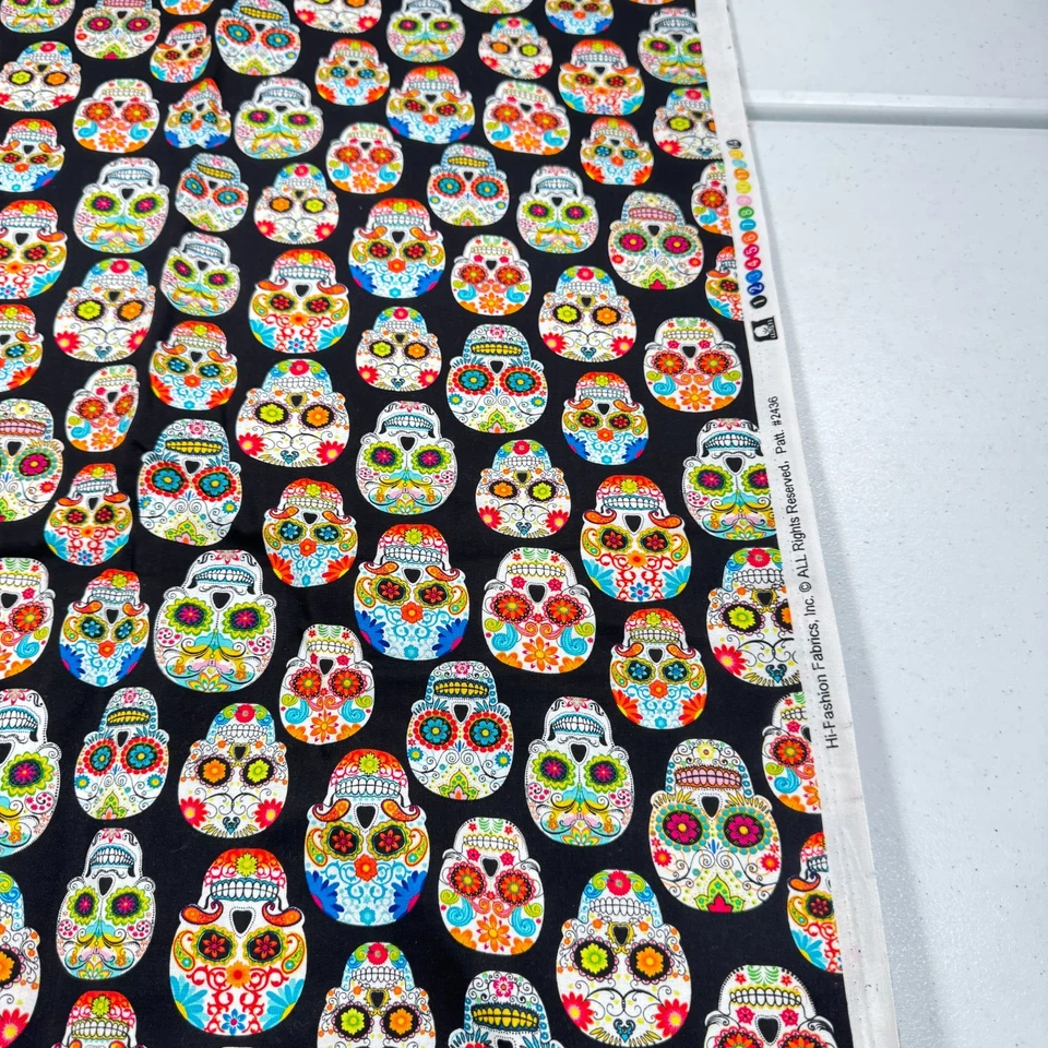 Tela alta moda calaveras negras día de muertos acolchado algodón 44x148 2436 Foto 3 de 4