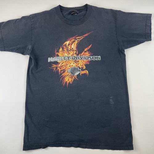 Vintage Harley Davidson Large Chunky River Mississippi T-Shirt Black Faded USA - 第 1/14 張圖片