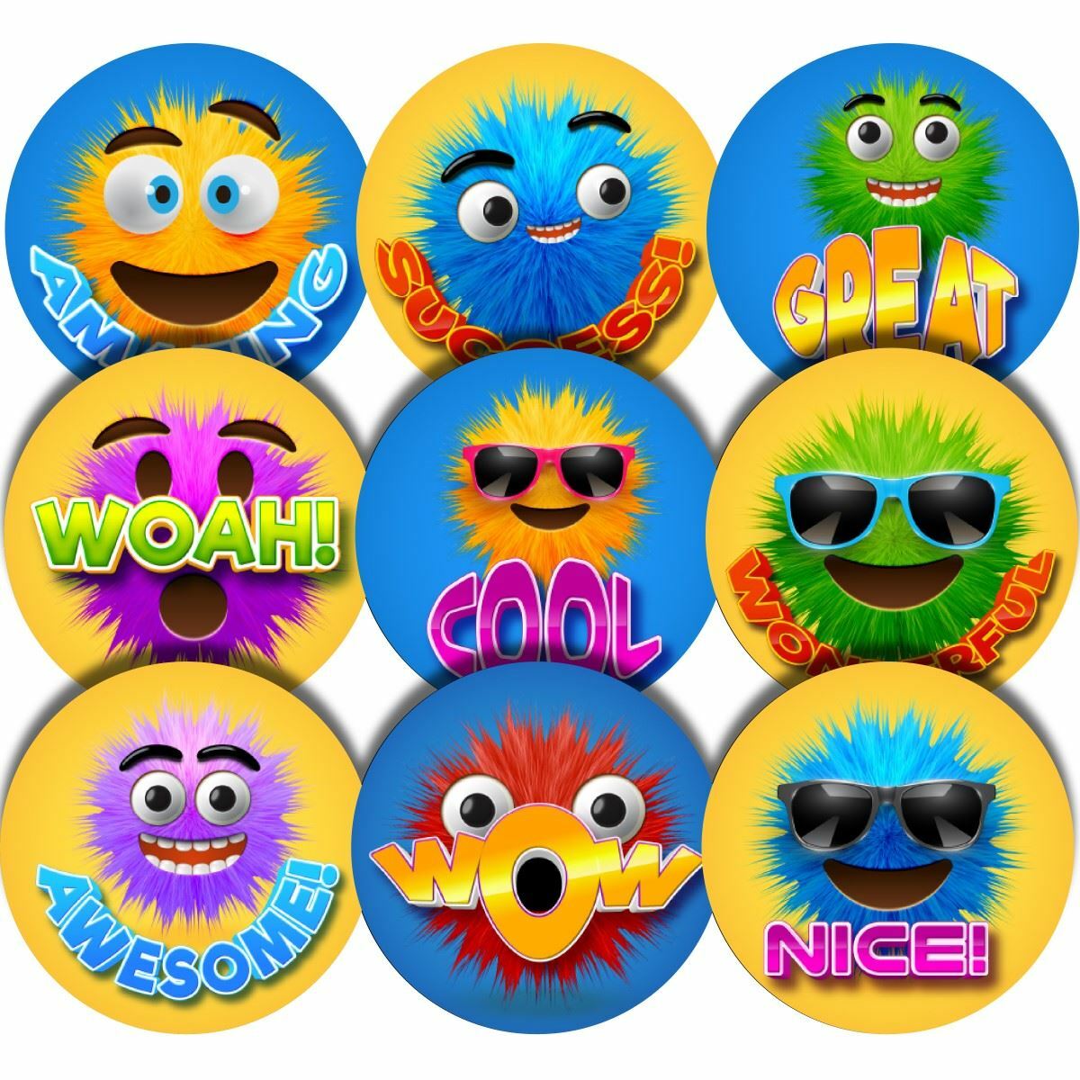 144 Furry Face Praise Words 30mm Glossy Reward Stickers