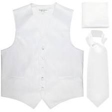 New Men's white formal vest Tuxedo Waistcoat ascot  hankie set wedding prom