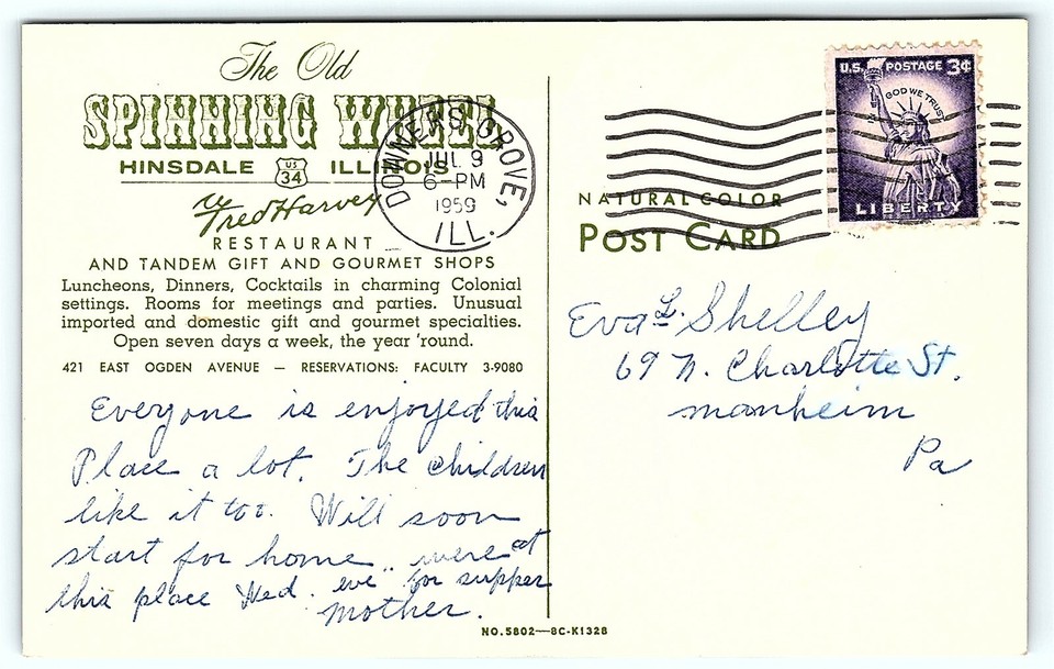 Postcard IL Hinsdale Spinning Wheel Restaurant Fred Harvey 1950's F12 eBay