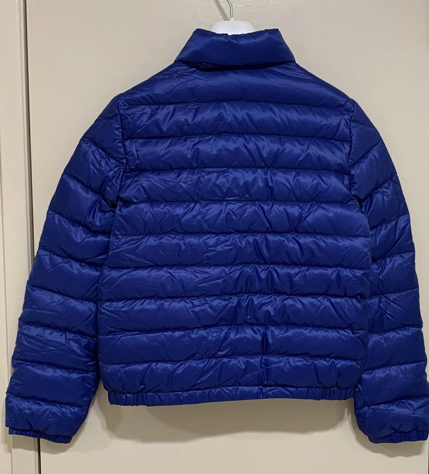Moncler Giubbotto imbottito foderato con cappuccio mimetico bambino blu taglia 12 nuovo con etichette