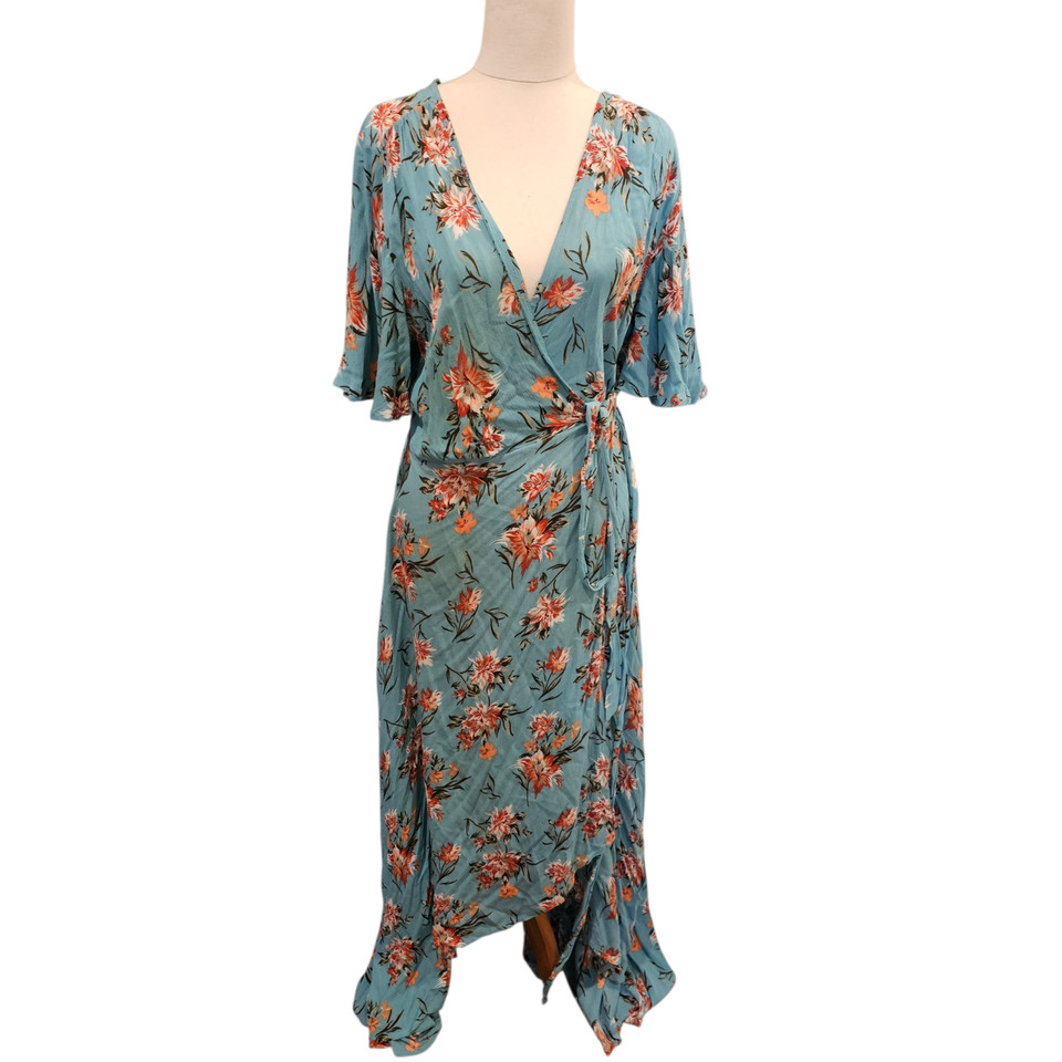 Grace And Rose Wrap Dress Maxi Blue Floral Rayon Size M Boho Flutter Sleeve