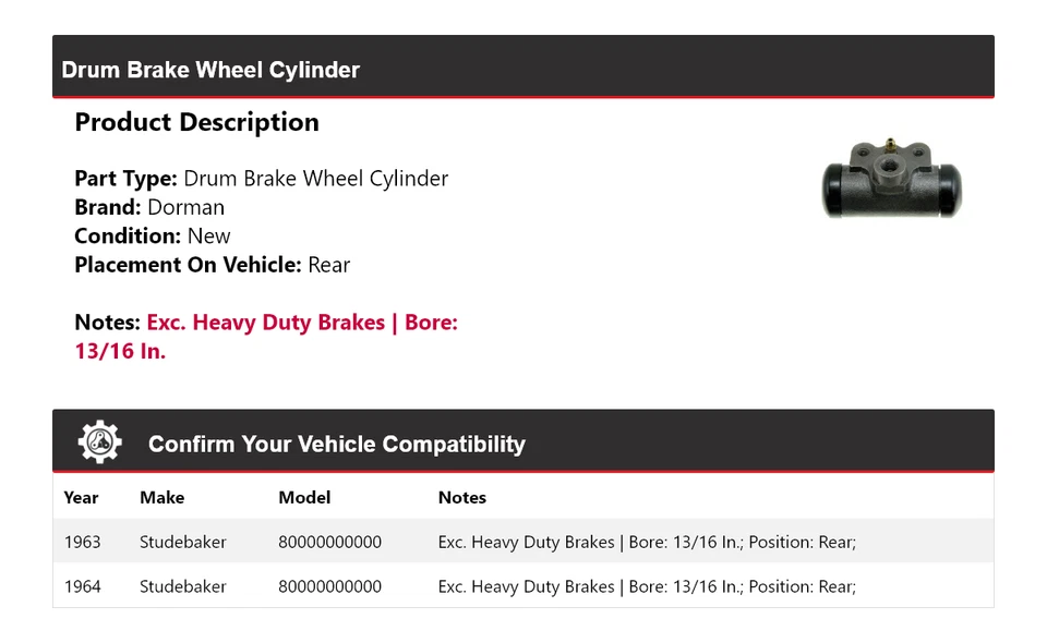 Cilindro de rueda de freno de tambor trasero Studebaker 8E10 Dorman 1963-1964 Foto 2 de 3