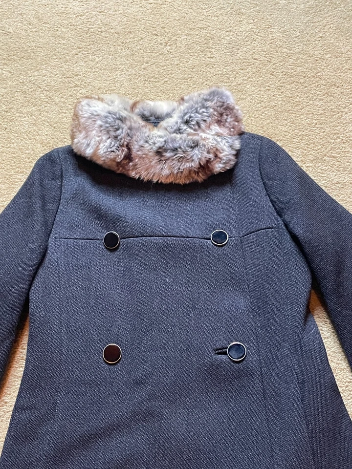 Vintage 1950s Brynwood Double Breasted Rabbit Fur Collar Long Trench Wool Coat S - Image 4 of 4