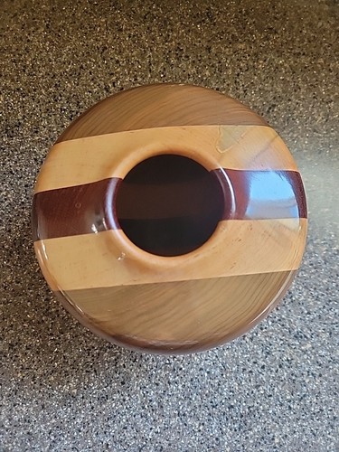 VINTAGE ~ Handgefertigt Holz segmentierte Vase Schüssel Inlay Kirsche Nussbaum Asche 5,5 Zoll x 5,5 Zoll - Bild 6 von 7