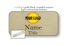 1 GOLD BLACK NAME BADGE COLOR LOGO CENTERED 2 LINES OF IMPRINT PIN FASTENER