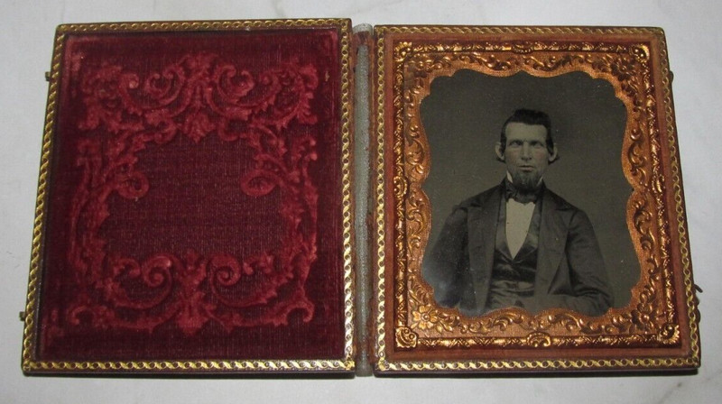 Antique Cased Daguerreotype Photograph Creepy Man Possibly Blind Encased Vintage