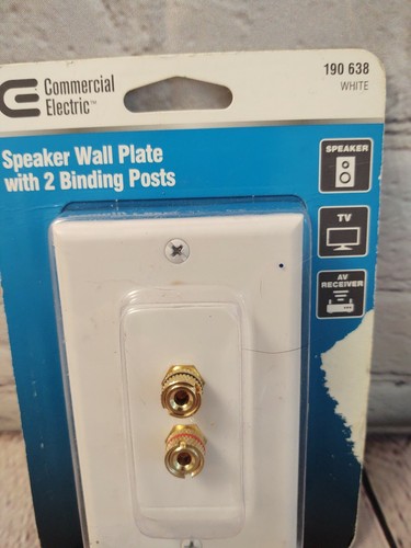 Commercial Electric Speaker Wall Plate with 2 Binding Posts, White, New in pack - Picture 2 of 6