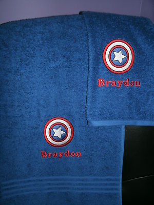 Personalized Captain America Shield 2 Piece Bath Towel Set  Your Color Choice
