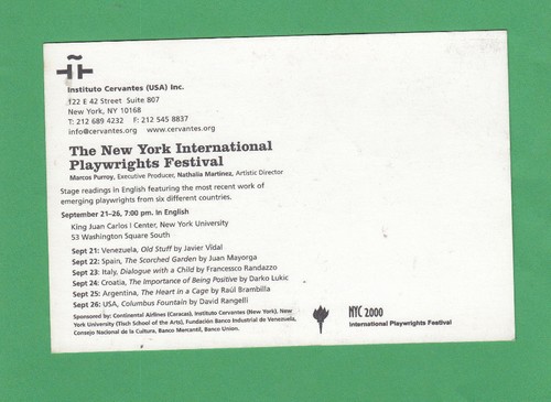 International Playwrights Festival New York City Advertising Postcard 2000 - Picture 2 of 2