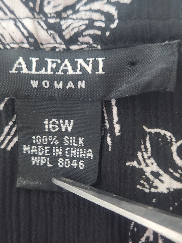 Blusa Top Mujer Alfani 16W Negra Plata Lslv 100% SEDA Cuello Redondo Estampado Paisley Foto 3 de 4