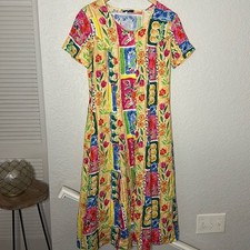 Vintage Hilo Hattie Hawaiian Tropical Floral Midi Shirt Dress Vacation Pineapple