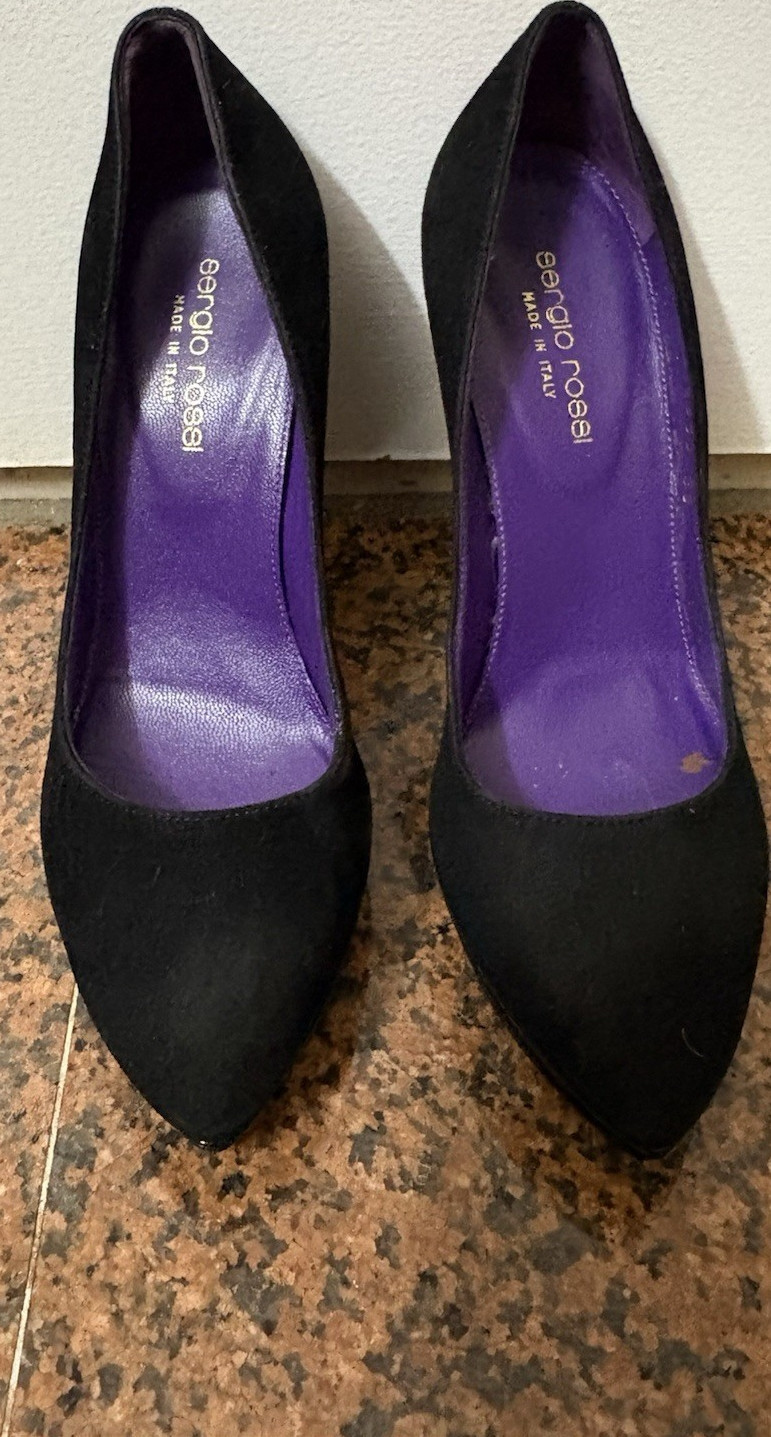 Sergio Rossi Black Suede Block Heel Pumps Pointed Toe Slip On Size 6