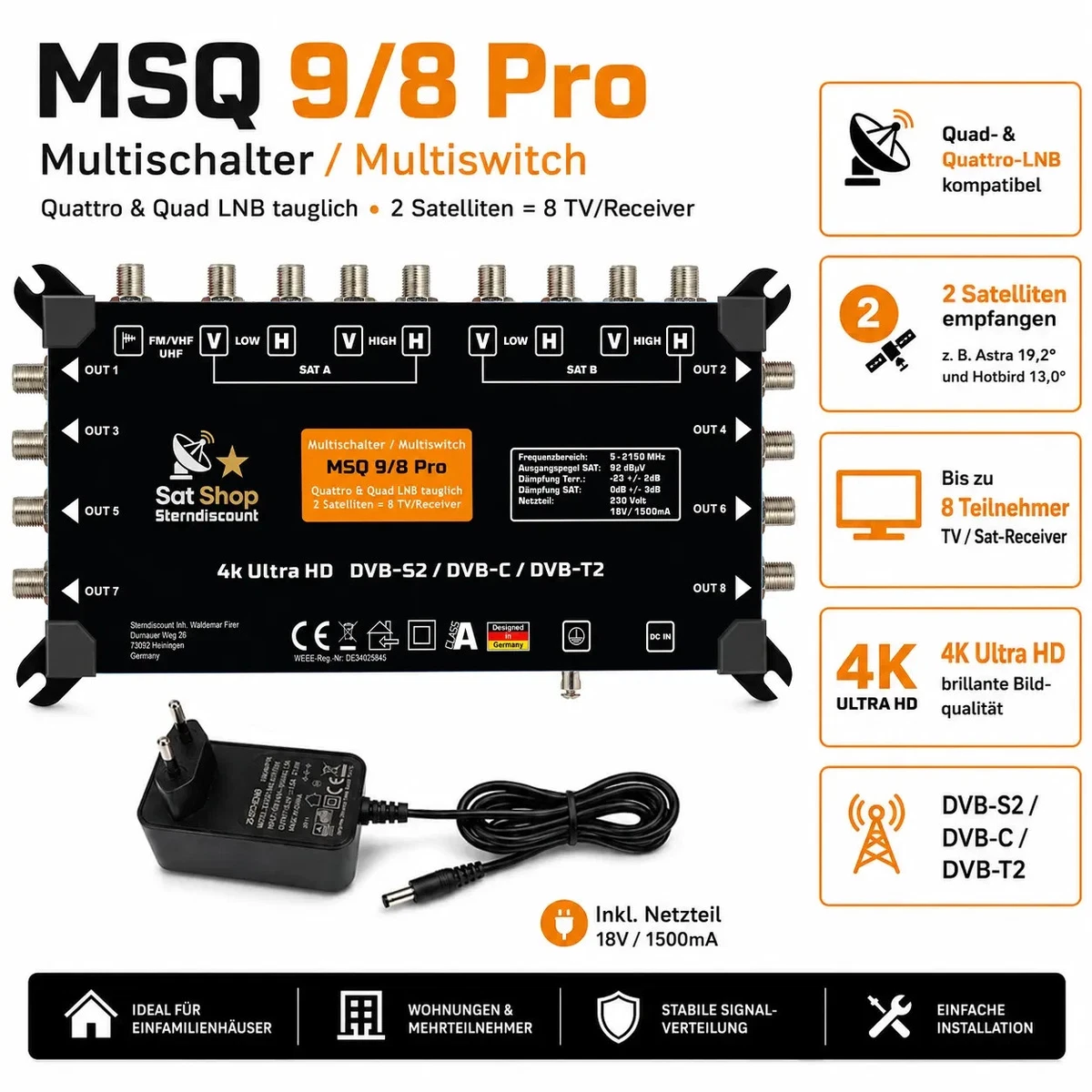 Multiconmutador 9/8 MSQ SAT Multiswitch distribuidor 2 SAT 8 participantes digital NUEVO