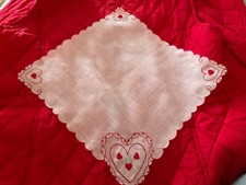 Vintage Valentines Day Ladies Hanky Embroidered Red Hearts Red Trim