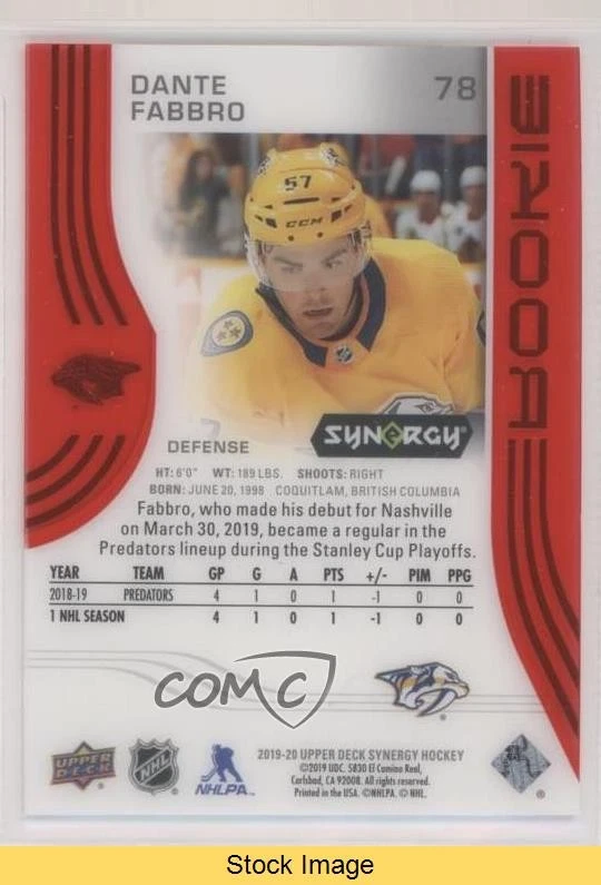 2019-20 Upper Deck Synergy Rookies Red Tier 1 Dante Fabbro #78 Rookie RC READ - Image 2 of 3