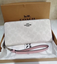 NEW  Coach Long Zip Around Wallet In Signature Canvas Chalk White Pink