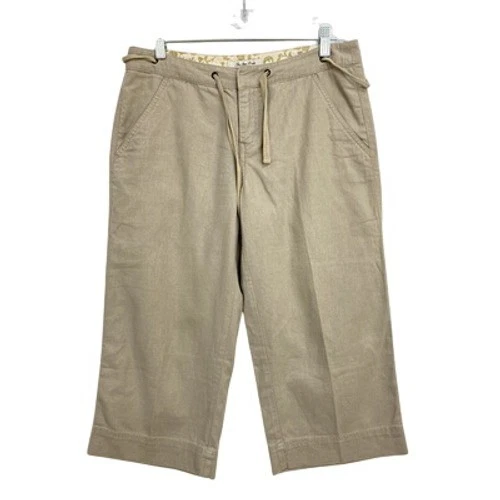 Giordano Capri Pants Womens 27 Beige Linen Cotton Drawstring Wide Leg Crop