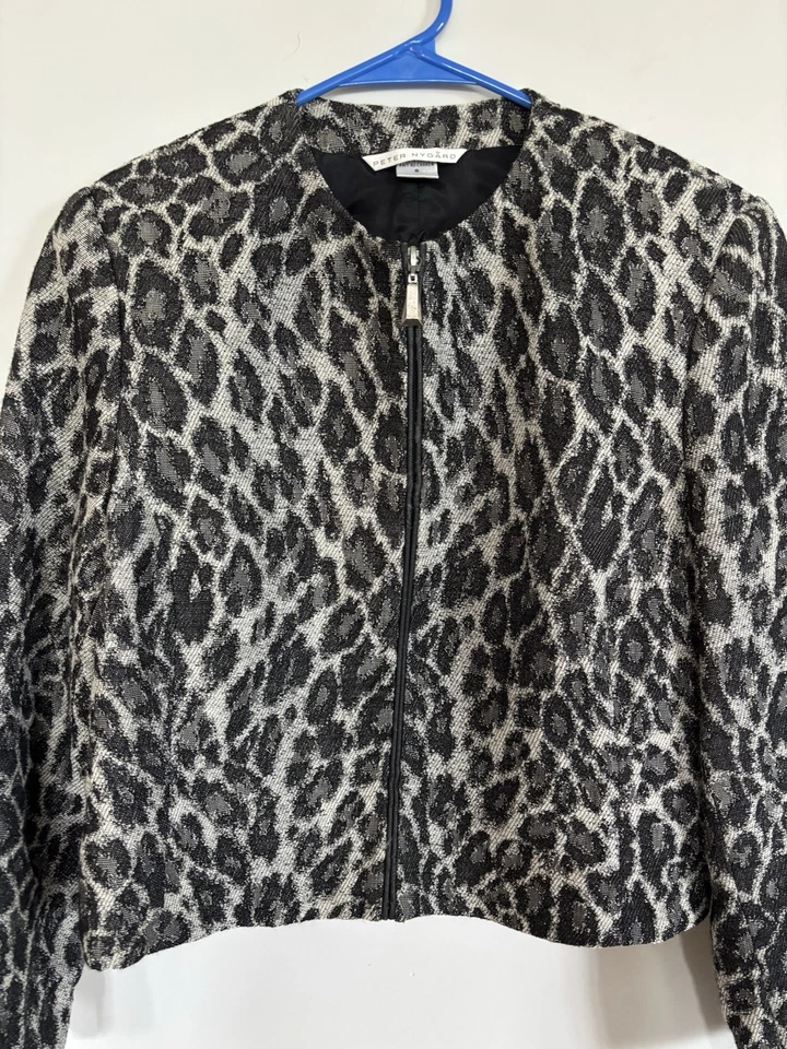 Blazer de lana Peter Nygard estampado animal talla 8 chaqueta forrada cuadrada cremallera completa Foto 3 de 4
