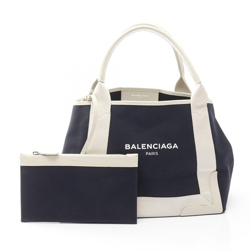 Balenciaga NAVY CABAS S Canvas Leather Tote Bag Navy White Used Authentic