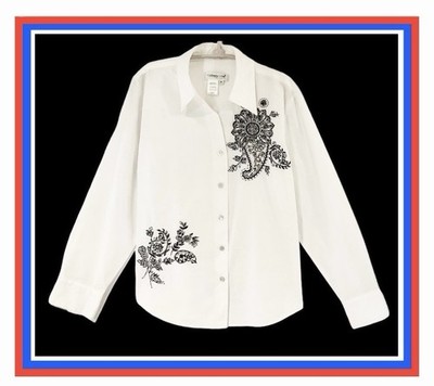NEW Coldwater Creek M White with Black Emroidered Paisley Design L/S Shirt