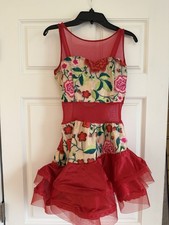 Curtain Call Costumes Red Floral Mesh One-Piece Dance Costume w/ Built-In Shorts
