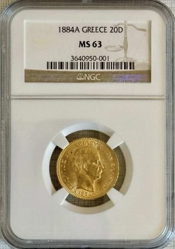 GREECE , GOLD 20 DRACHMAI 1884 A - NGC MS 63 , RARE3