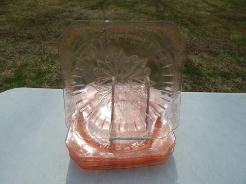 SET OF 8 PINK JEANETTE ADAM PATTERN  DEPRESSION GLASS  9" SQUARE DINNER PLATES