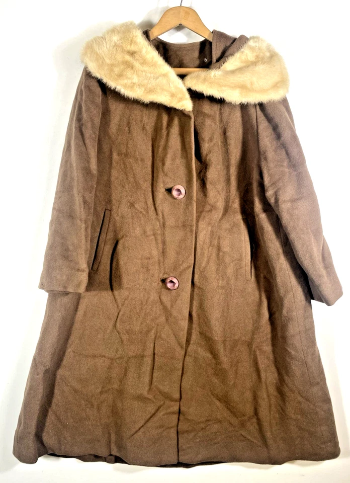 Abrigo Columpio de Lana Años 50 XL Cuello de Piel Para Mujer Marrón Antiguo Hollywood Hecho en Unión Foto 2 de 4