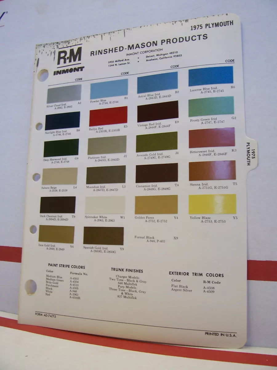 1975 Plymouth Valiant Duster Gran Fury Colt Paint Chips Color