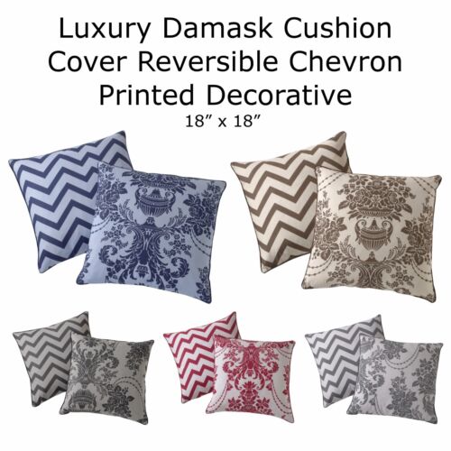 Luxury Damask Cushion Cover Reversible Chevron Printed Decorative 18” x 18”  - Picture 1 of 12
