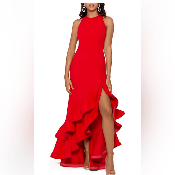 chinese dress ladies Betsy & Adam Women's Long Halter Crepe Tiered Ruffle Gown, Navy, 2P at  Amazon Women's Clothing store main image 1