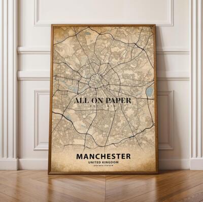 Manchester Karte Kunstdruck gerahmt Wanddeko Unikat England Geschenkidee Stadt Poster