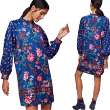 LOFT Petites Blue Wild Flower Print Long Sleeve Shift Dress  Size SP  Officecore