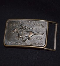 Vintage 1970's Metal Brass Belt Buckle Pony Express Mail Service Cowboy Western