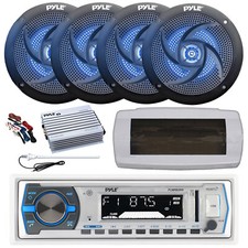 Pyle Marine Receiver, Cover, Antenna,Amp w/Kit, 4x 5.25" 180W LED Black Speaker