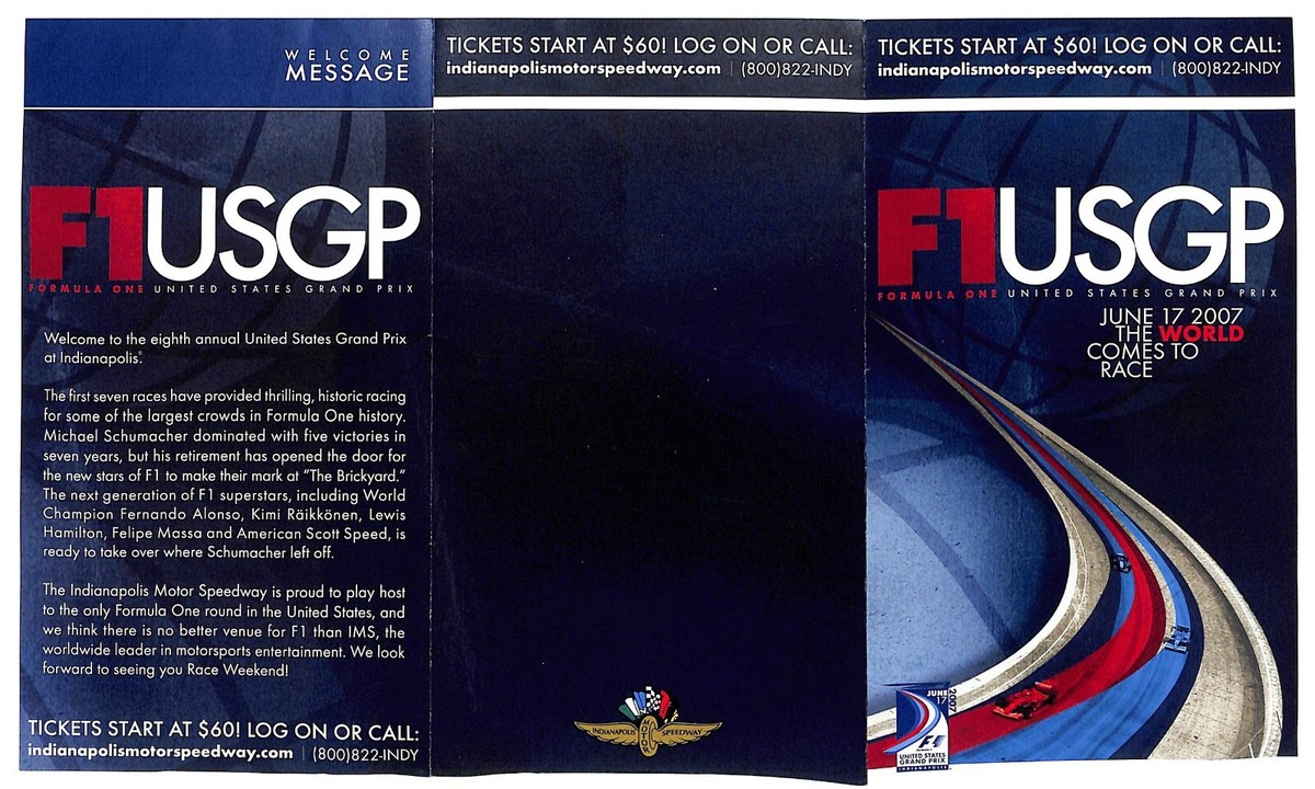 2007 F1 USGP Formula 1 Grand Prix Racing Schedule & Ticket Info Sheet  VGC