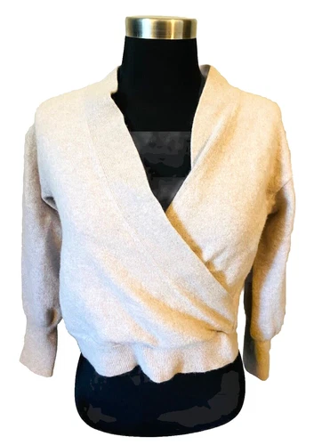 White + Warren Cashmere Faux Wrap Sweater Size Medium Rhinestone Detail Camel