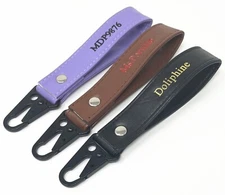 Engraved Leather Wristlet Key fob in personalized name, number and leather