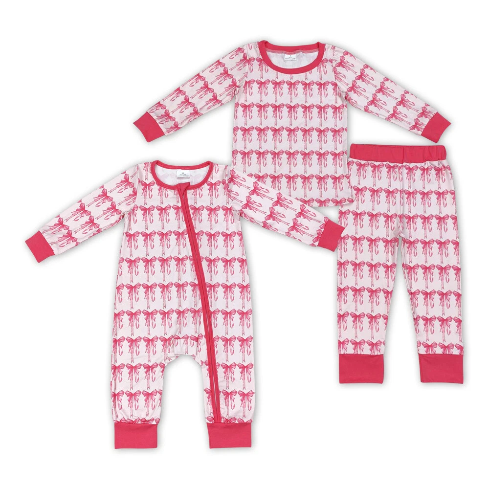 Toddler Girls Sister Pink Bow Coquette Adorable Sleep Wear Pajama Set+ Romper