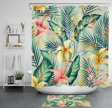 Sage Green Plant Palm Leaf Yellow Floral Shower Curtain Set for Bathroom Decor