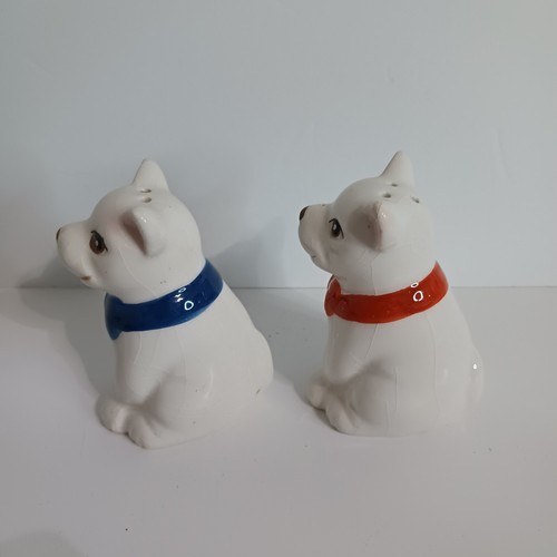 Vintage Ceramic Puppy Dog Salt and Pepper Shaker Set - White Pups with Bow Ties - Picture 2 of 6
