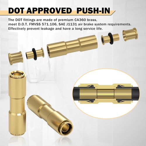 6 PCS 1/4 Brass DOT Air Line Fitting Straight Union Quick Connect Fittings 1/4 - Picture 2 of 11