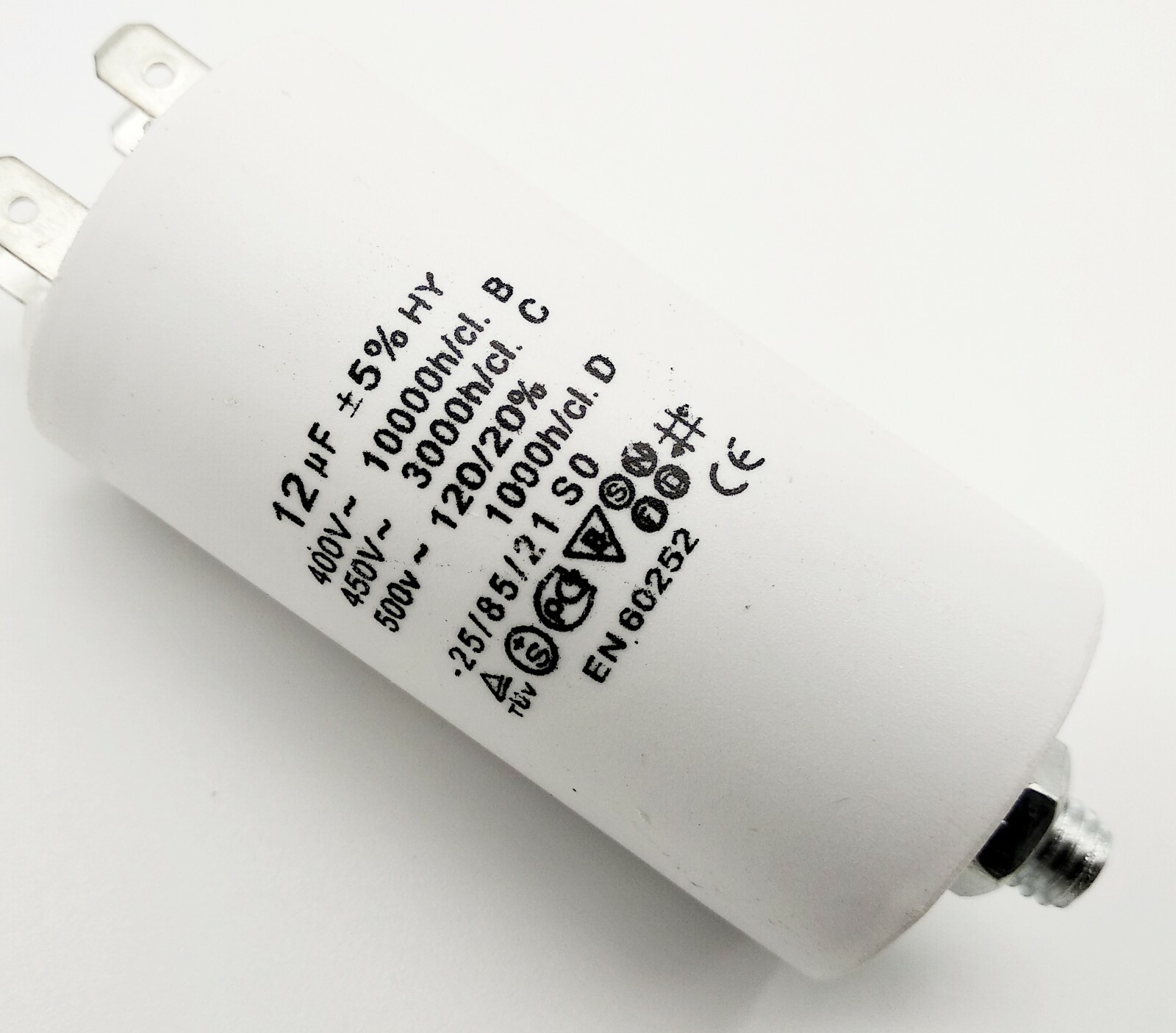 Produktbild von Motorkondensator 4-polig – 8–45 µF, 500 V~ AC, Mit Gewinde & Mutter, Für Anlauf & Betrieb, 6,3 Mm Flachstecker