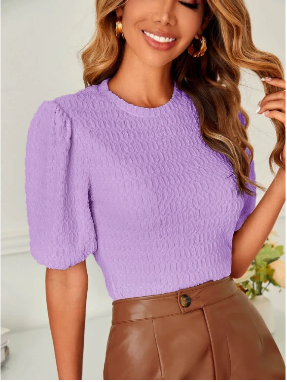 Lilac Purple Solid Puff Sleeve Tee Top Blouse Sz XS S M L XL