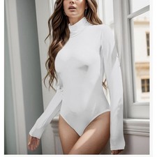 Long Sleeve Body Suits Womens Bodysuit Turtleneck Tops Size L White